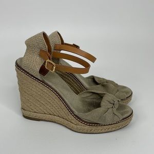 Tory Burch  Tan Canvas Brown Leather Espadrilles wedges size 8